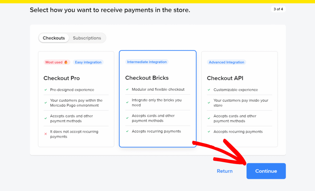 Interfaccia utente che mostra tre opzioni di checkout per il pagamento: Checkout Pro, Checkout Bricks e Checkout API, con la scheda centrale selezionata; un pulsante blu Continua in basso a destra e un link di ritorno nelle vicinanze.