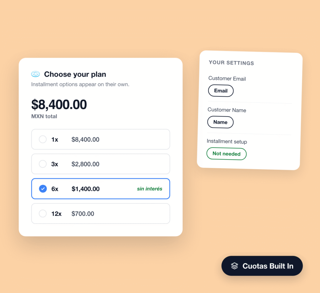 Two rounded white cards on a peach background: left card shows a plan selector with prices, right card shows user settings form fields (Email, Name, Installment status).