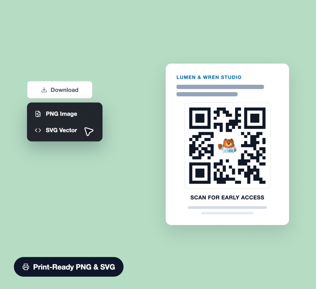 Two left CTA buttons: Download, and a dark card with PNG Image and SVG Vector options; right side shows a white panel with a QR code and 'SCAN FOR EARLY ACCESS'.