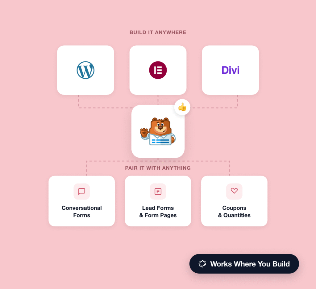 Diagram showing three website builders (WordPress, Elementor, Divi) connected to a bear mascot with a form, illustrating a 'build it anywhere' concept.