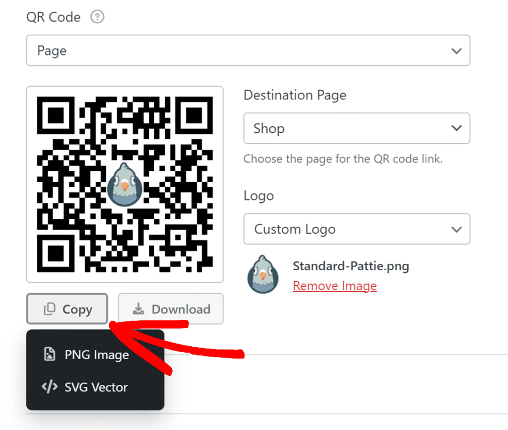 Menú de copia que muestra las opciones de Imagen PNG y Vector SVG