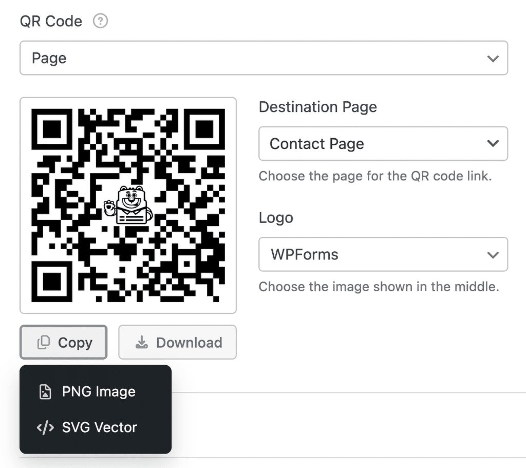 QR-Code mit Bärenlogo; UI-Panel eingestellt auf Zielseite: Kontaktseite.