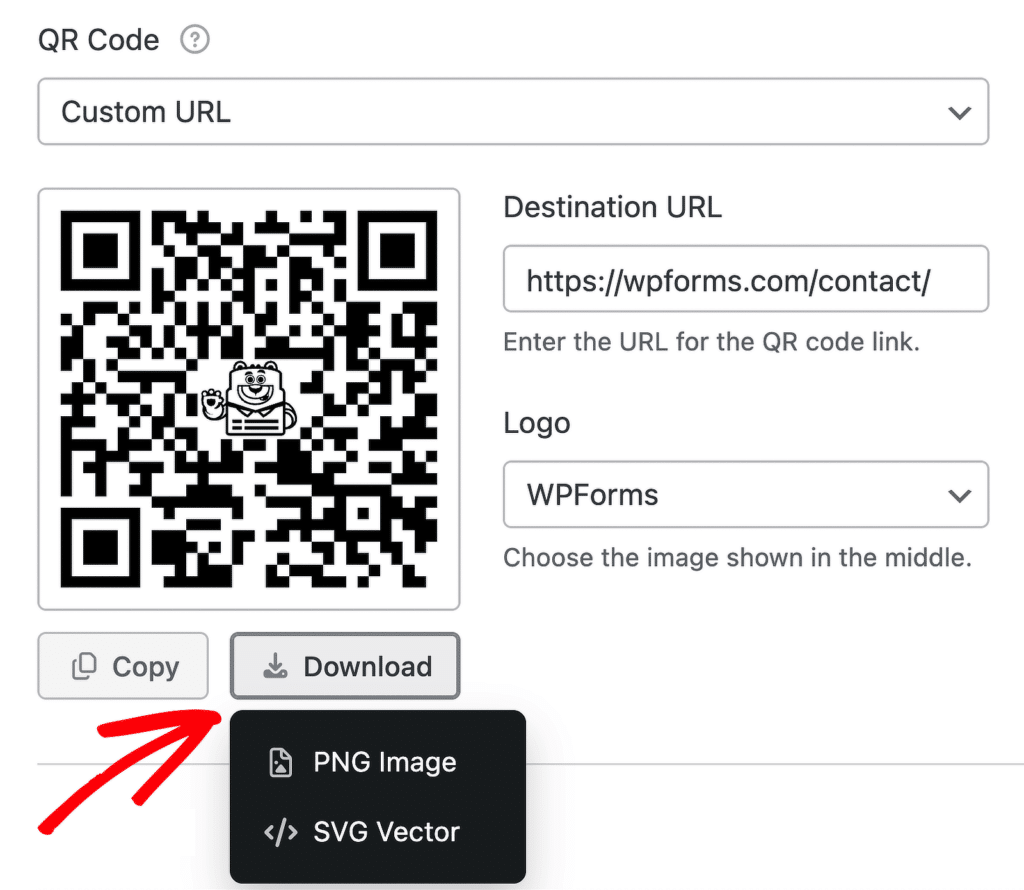 QR-Code für eine Ziel-URL mit einem Bären-Maskottchen in der Mitte und den Optionen Kopieren und Herunterladen darunter.