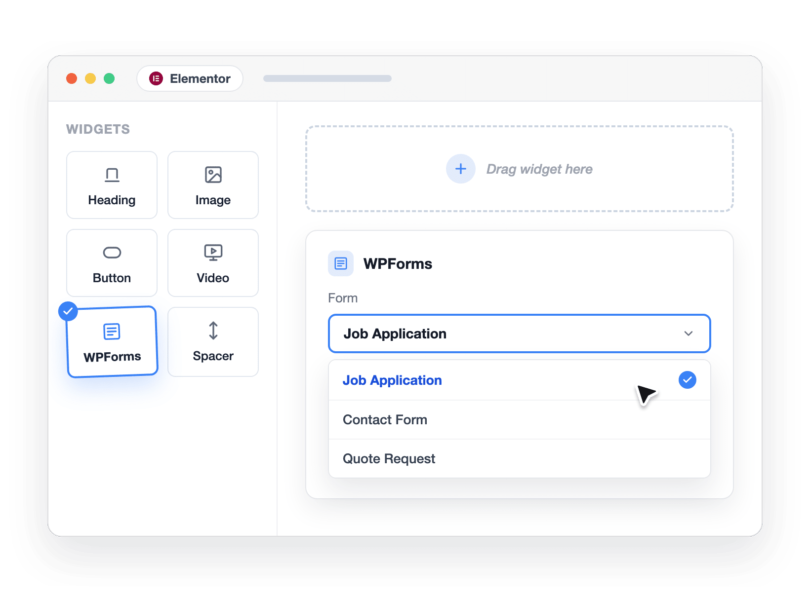 Dragging the native WPForms widget into an Elementor page, the Elementor Forms alternative that works inside Elementor