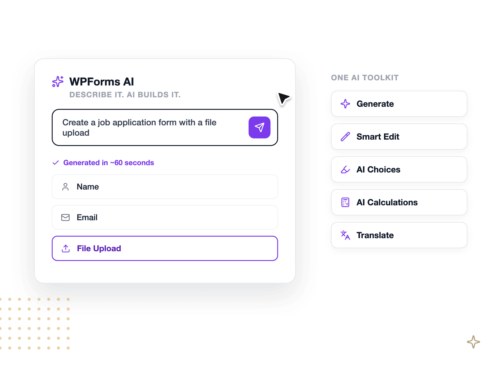 WPForms AI toolkit generating and editing forms inside the WordPress dashboard