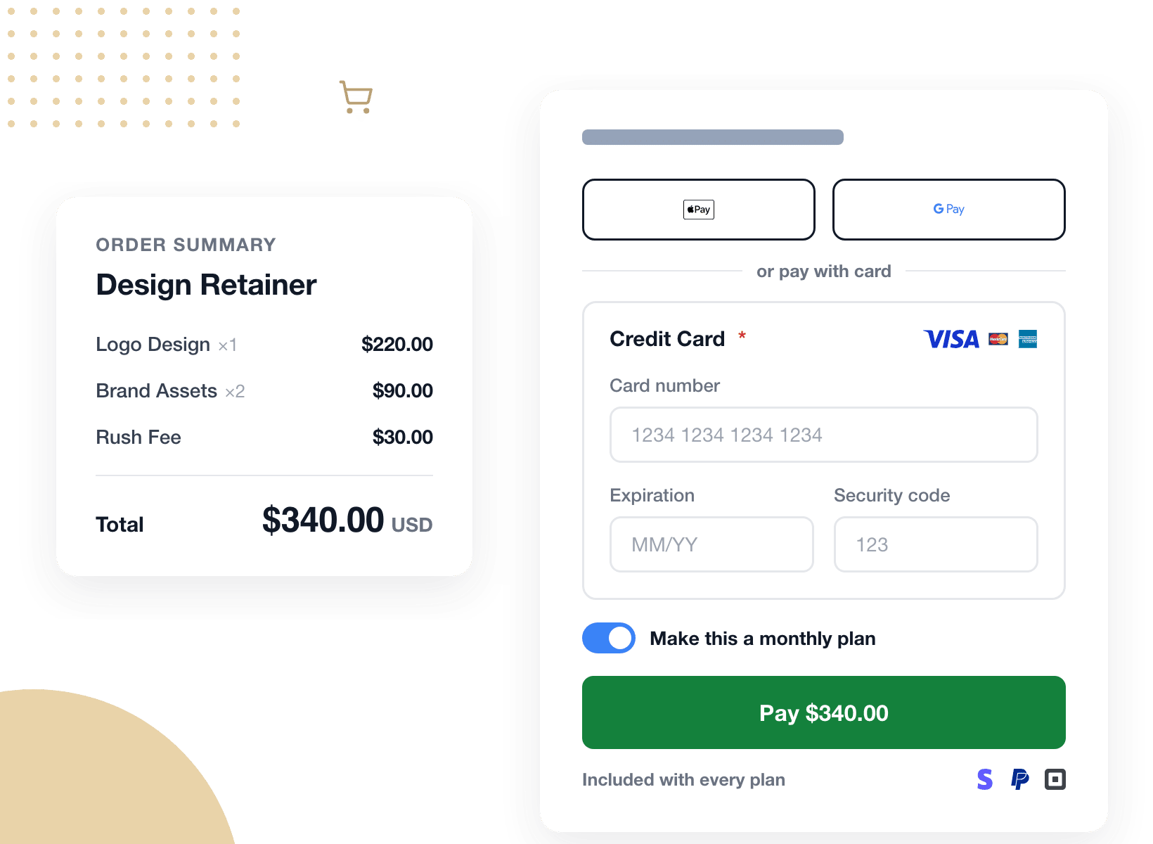 WPForms payment form with Stripe, Square, PayPal, Apple Pay, and Google Pay
