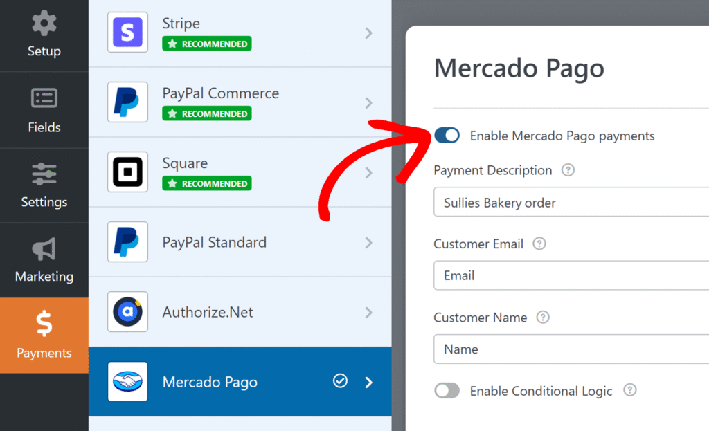 Dashboard di amministrazione: navigazione sinistra con provider di pagamento; pannello delle impostazioni di Mercado Pago sulla destra con un interruttore abilitato.