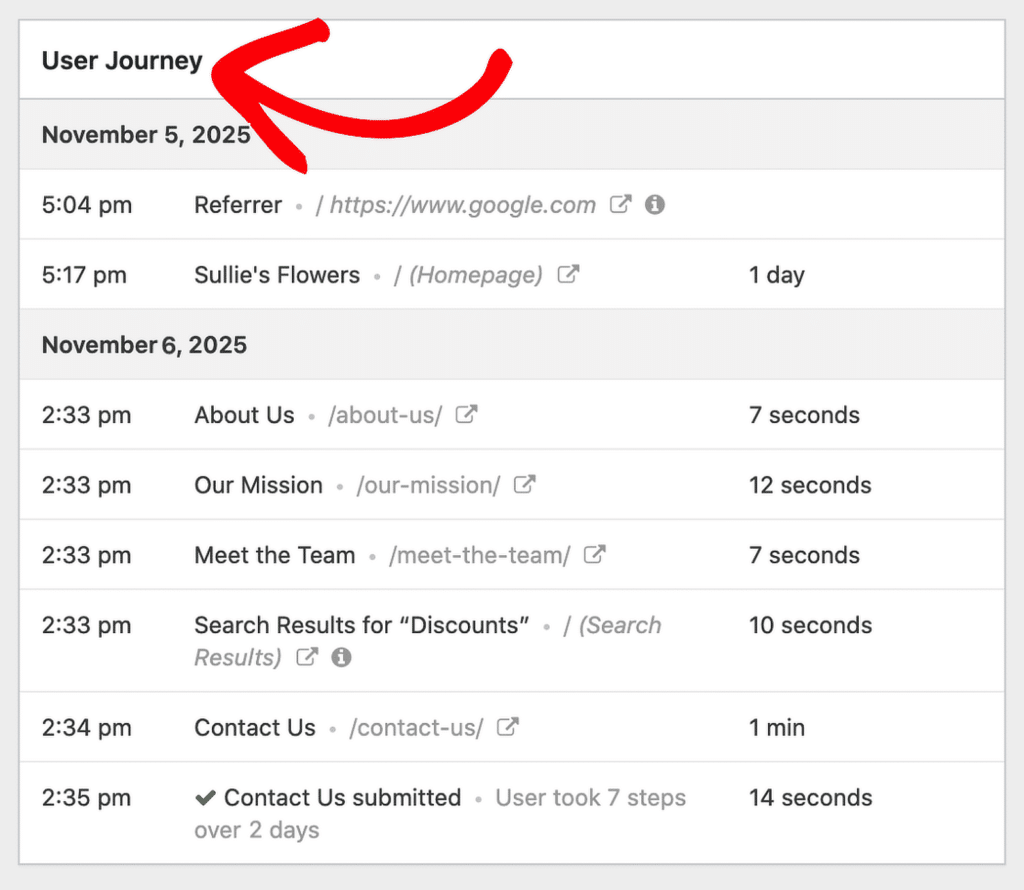 Timeline of the user's journey with times and page visits (Nov 5–6, 2025), showing referrals, page views, and actions such as 'About Us' and 'Contact Us' submitted