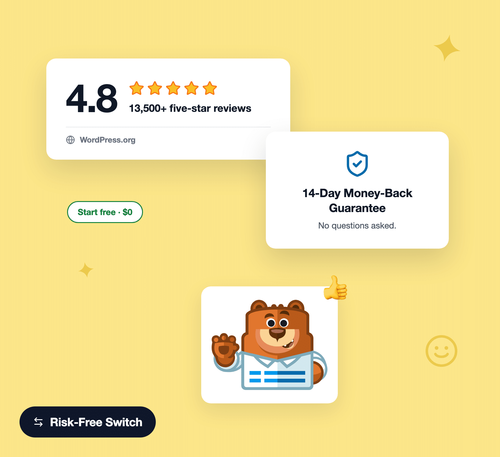 WPForms 4.8 estrellas, más de 13500 reseñas y garantía de devolución de dinero de 14 días