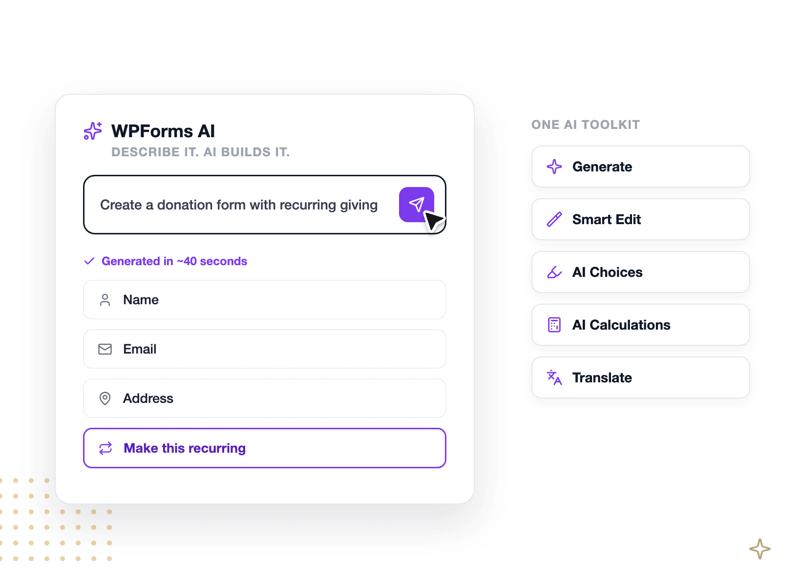 forminator-alternative-tab2-ai-toolkit - WPForms WPForms IA gerando e editando um formulário de doação dentro do painel do WordPress
