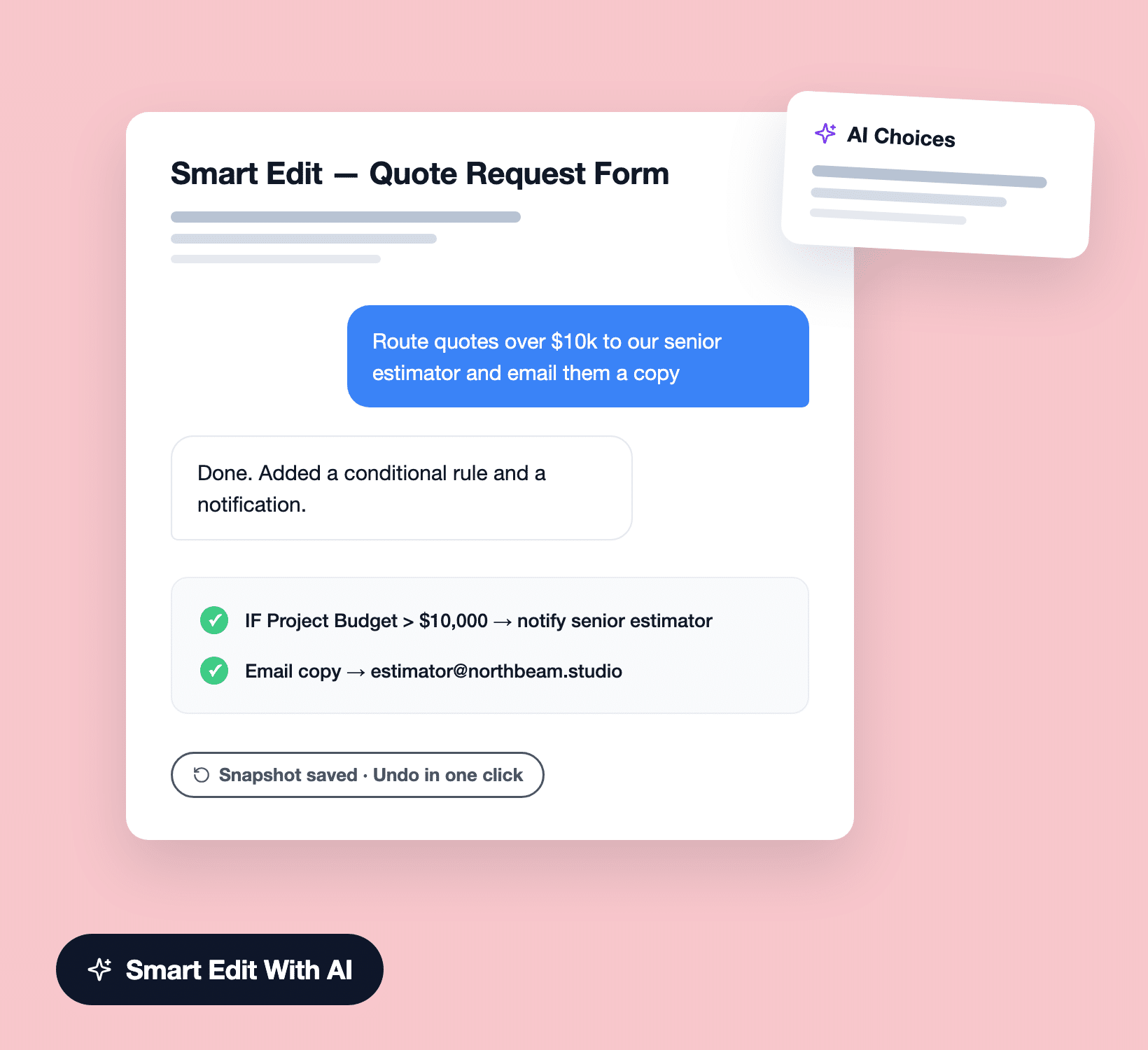 WPForms Smart Edit mettant à jour un formulaire de demande de devis à partir d'une demande par chat