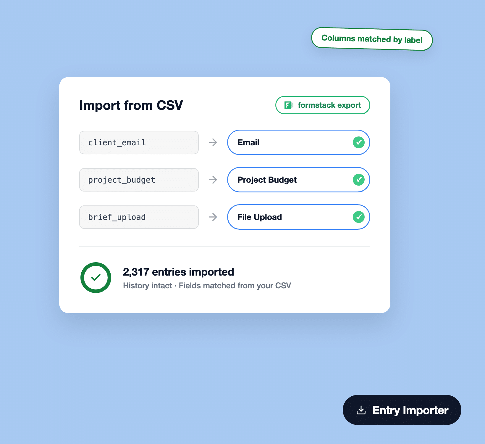 Importation de 2&nbsp;317 entrées à partir d'une exportation CSV Formstack vers WPForms