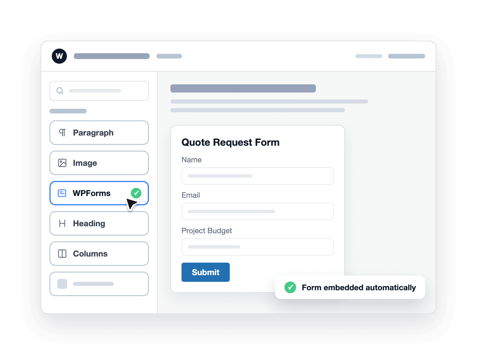 Bloc WPForms inséré nativement dans l'éditeur WordPress