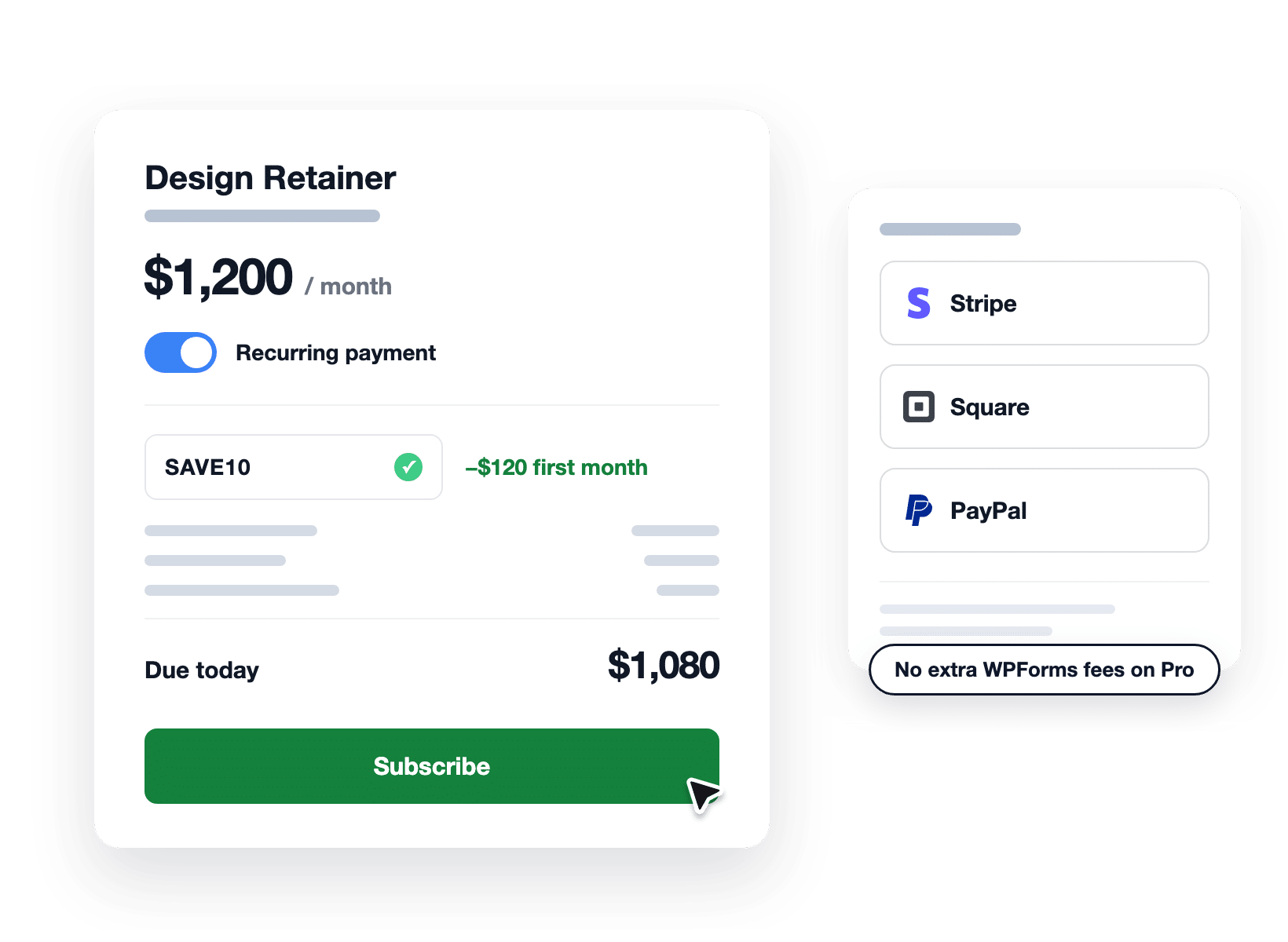 Formulaire de paiement récurrent WPForms avec Stripe, Square et PayPal et un coupon appliqué