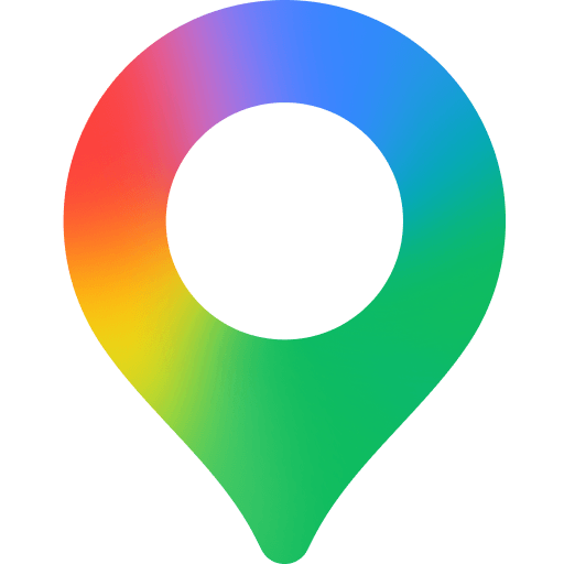Colorful rainbow location pin icon on a black background, gradient from red to purple at top to green bottom, circular hole in center.