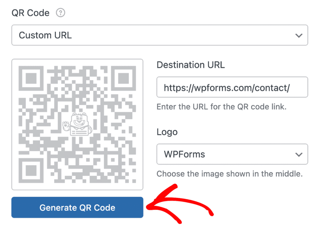 QR-Code-Generator-UI: zeigt links ein QR-Bild und ein Formular für die Ziel-URL mit einer blauen Schaltfläche QR-Code generieren darunter.