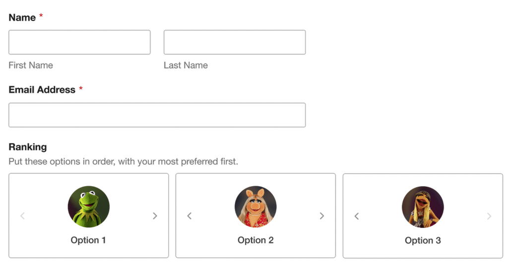 Formulário de registro com campos de Nome e E-mail e um carrossel de classificação de três opções mostrando Kermit, Miss Piggy e outro avatar de muppet.