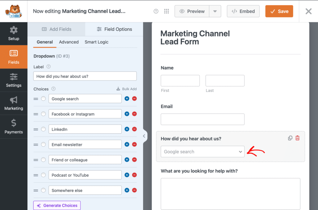 Form editor showing 'Marketing Channel Lead Form' with fields for Name and Email on the right and a list of channel choices on the left (Google search, Facebook/Instagram, LinkedIn, etc.)