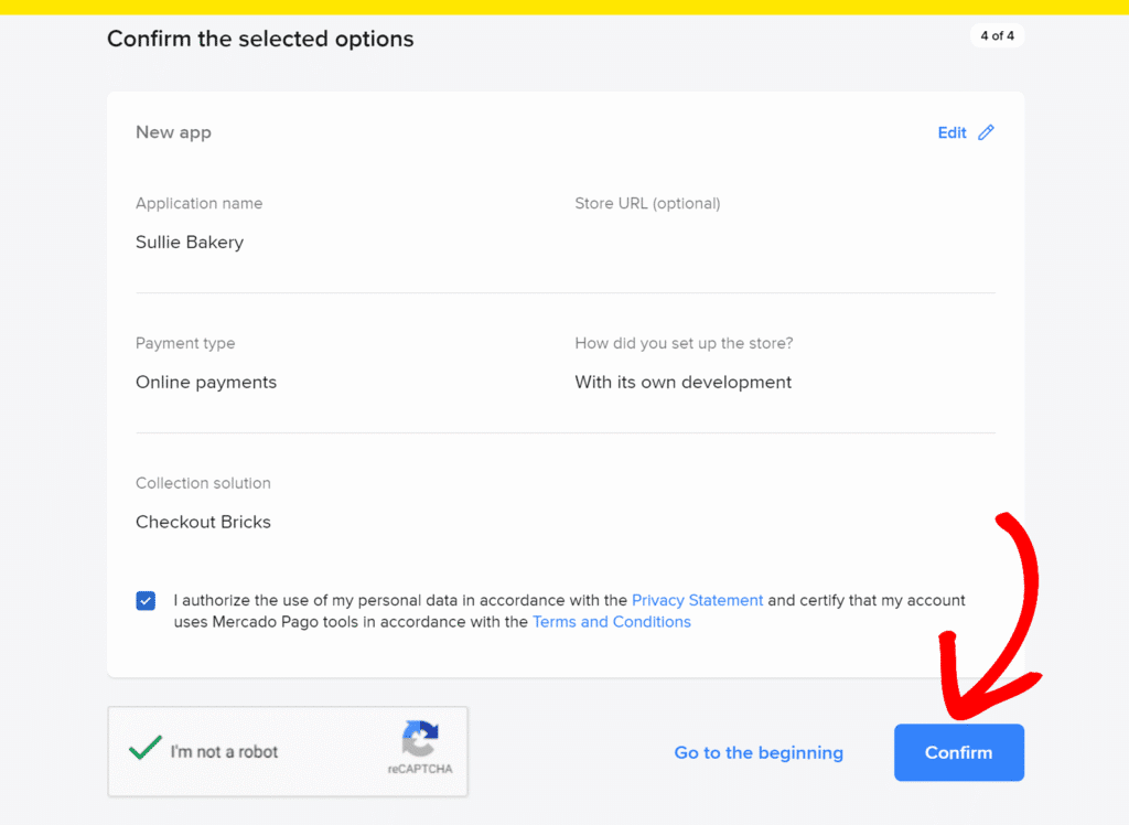 Schermata di conferma che mostra l'ultimo passaggio con le opzioni selezionate, un widget reCAPTCHA e un pulsante blu Conferma come azione principale.