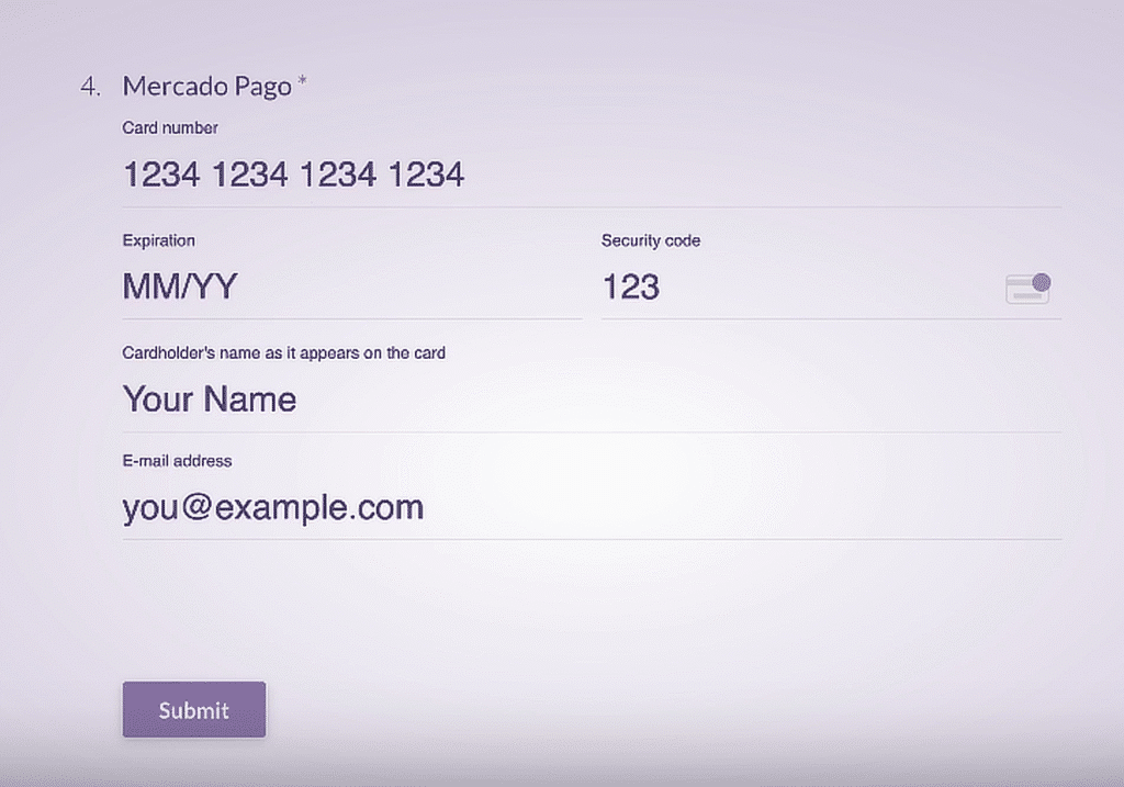 Form showing credit card details: card number, expiration, security code, name, and email field with a Submit button (Mercado Pago).