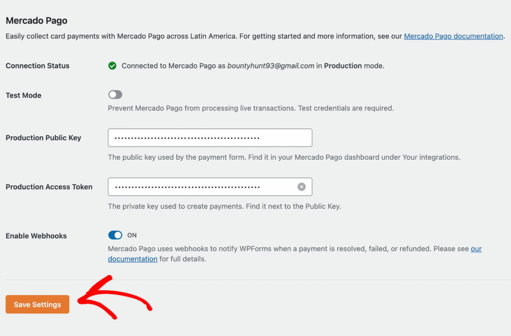Mercado Pago settings screen with a highlighted 'Save Settings' orange button at bottom left.