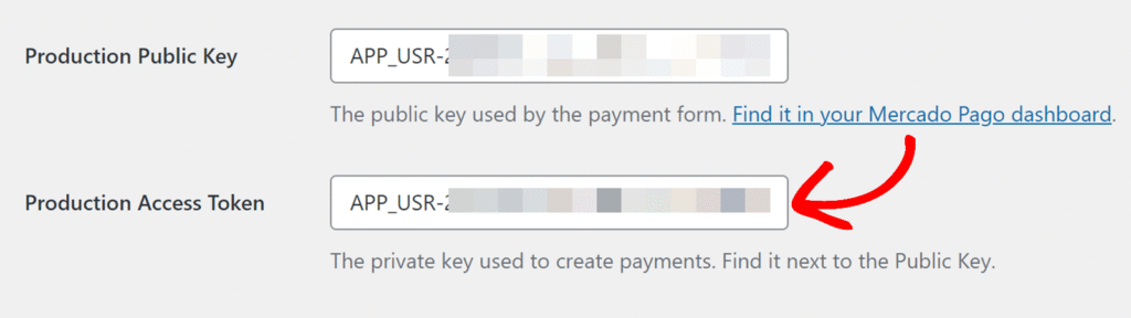 Impostazioni di integrazione di pagamento che mostrano i campi Chiave pubblica di produzione e Token di accesso di produzione con valori mascherati.