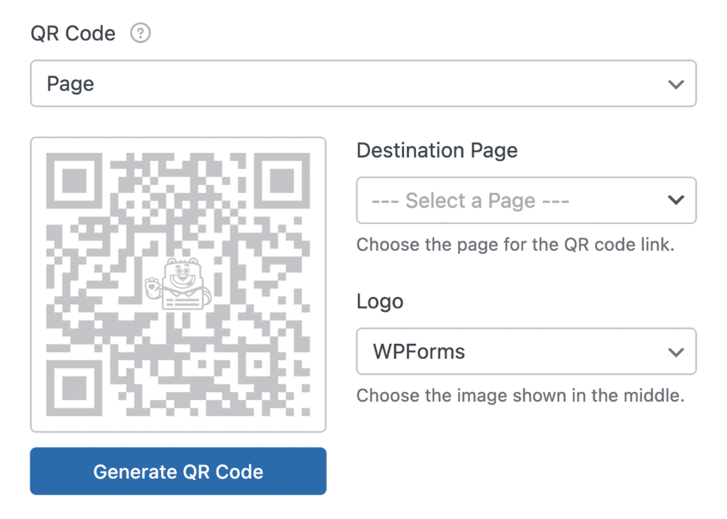 QR-Code-Vorschau mit einem kleinen Bären-Wasserzeichen, neben einem Formular zur Generierung eines QR-Codes angezeigt (Optionen für Zielseite und Logo).