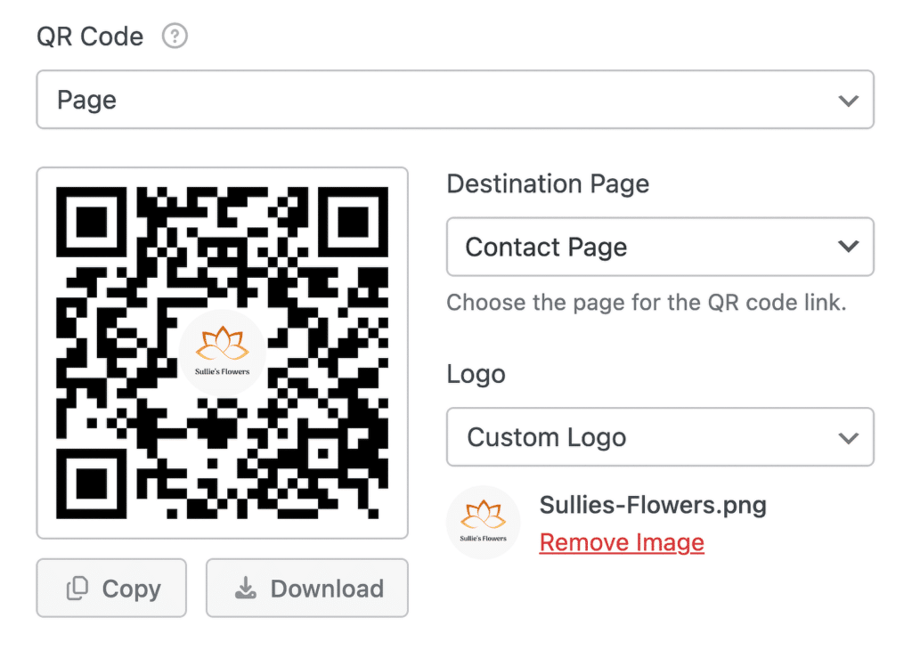 QR-Code mit einem kreisförmigen Sullie's Flowers-Logo in der Mitte