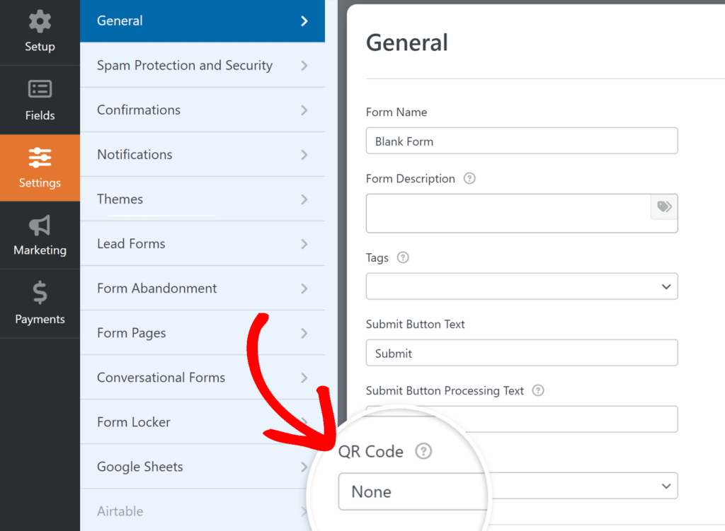 Menú desplegable del código QR en los ajustes generales del creador de formularios de WPForms