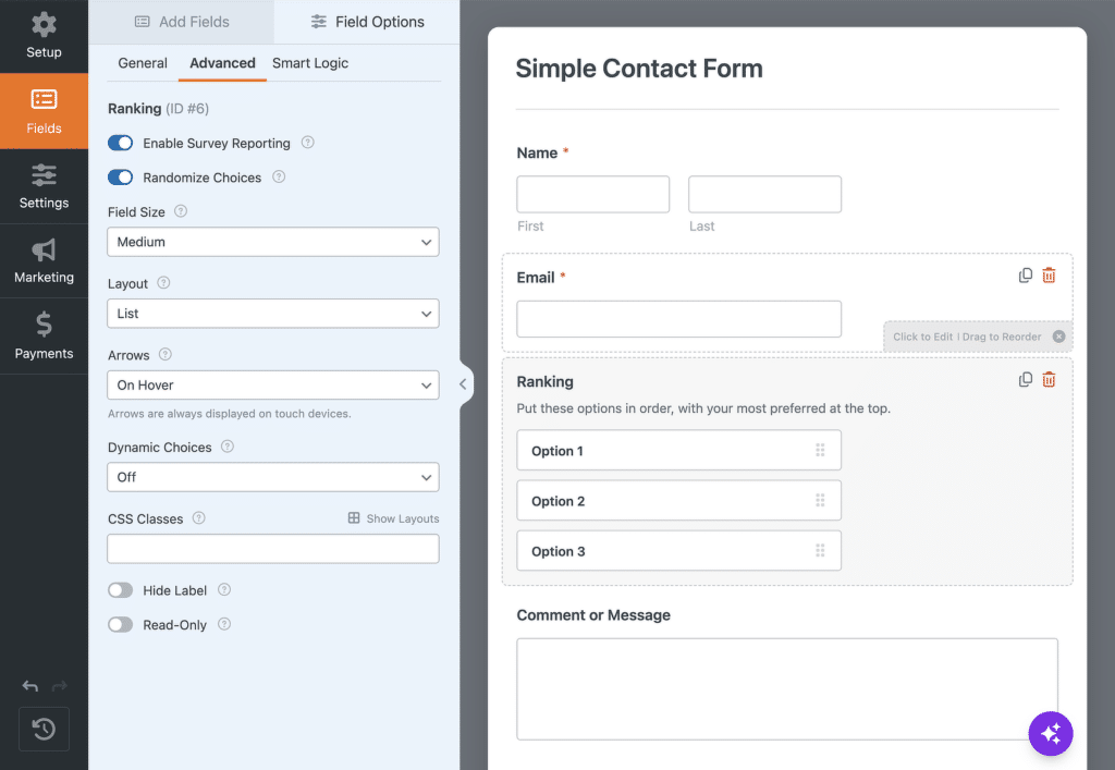 Interface do construtor de formulários: barra lateral esquerda com Configurações/Campos; painel direito mostra um Formulário de Contato Simples sendo editado (Nome, E-mail, Classificação).