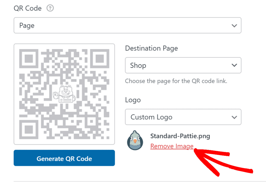 Logotipo personalizado añadido al código QR con un enlace para eliminarlo