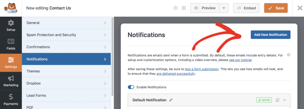 Screenshot of a form editor: Settings > Notifications with a blue highlighted item, and a red doodle pointing to the Add New Notification button on the right side.