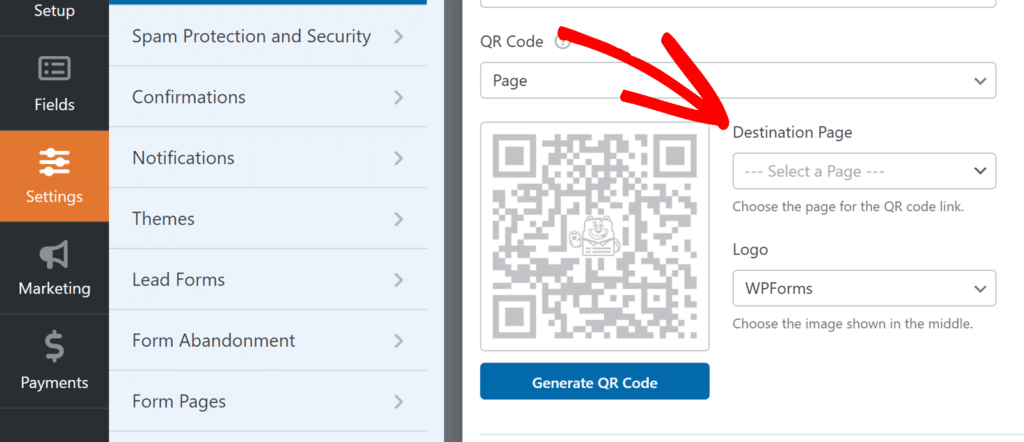 Seleccionar una página de destino para el código QR