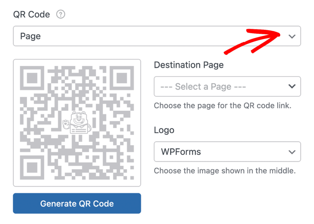 QR-Code-Generator-UI: großer QR-Code mit Panda-Grafik neben Formularfeldern für Zielseite und Logo sowie einer Schaltfläche QR-Code generieren.