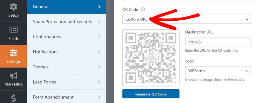 Seleccionar URL personalizada como destino del código QR