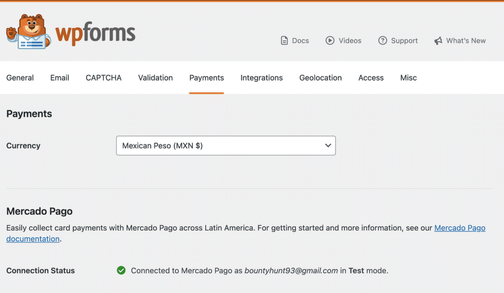 WPForms Payments settings: currency Mexican Peso selected and Mercado Pago connected in Test mode.