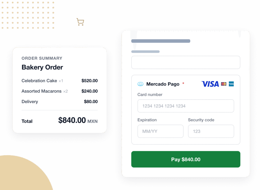 tab1-order-form - WPForms Bakery order summary with items and total 0.00 MXN on the left; payment form with card fields on the right.