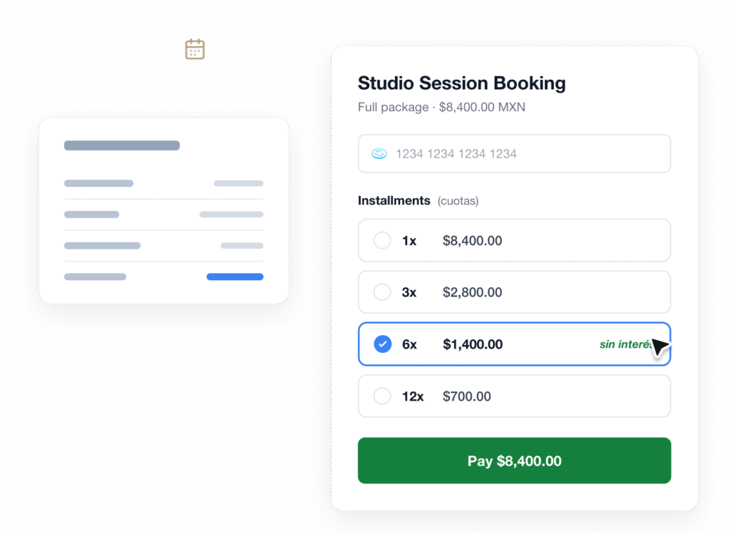 tab2-booking-form - WPForms Right-side Studio Session Booking form with price, installment options, and a select 6x paying alt=