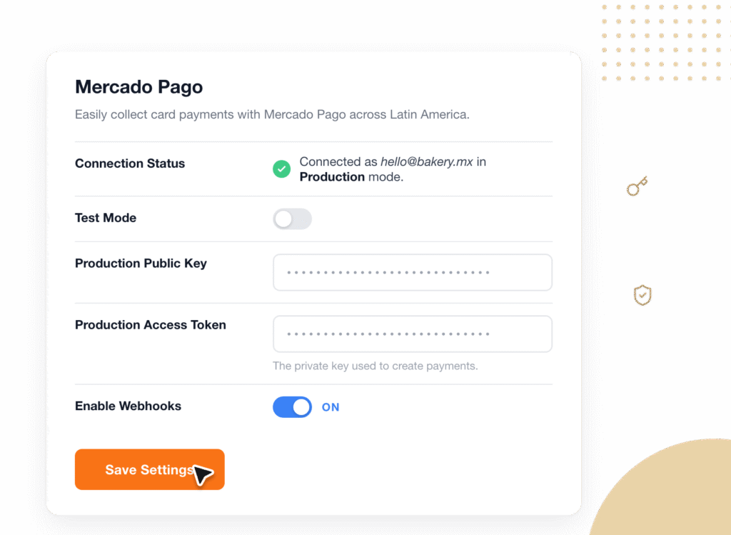 tab3-connect-account - WPForms Mercado Pago settings panel: shows connection status 'Connected as hello@bakery.mx in Production', Test Mode off, Production Public Key and Production Access Token masked with a hint, and Enable Webhooks ON, plus a Save Settings button.