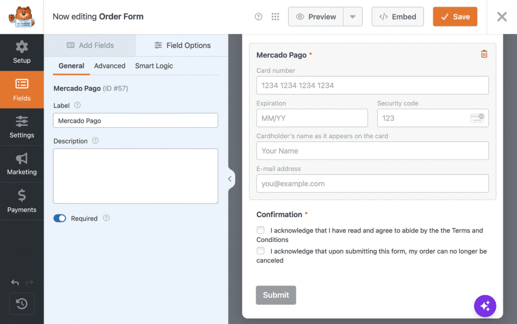 Form builder UI editing a Mercado Pago payment field; left sidebar navigation (Setup, Fields), center field options with label and description, and a right panel showing a card payment form (card number, expiration, security code, name, email) with confirmation checkboxes and a Submit button.