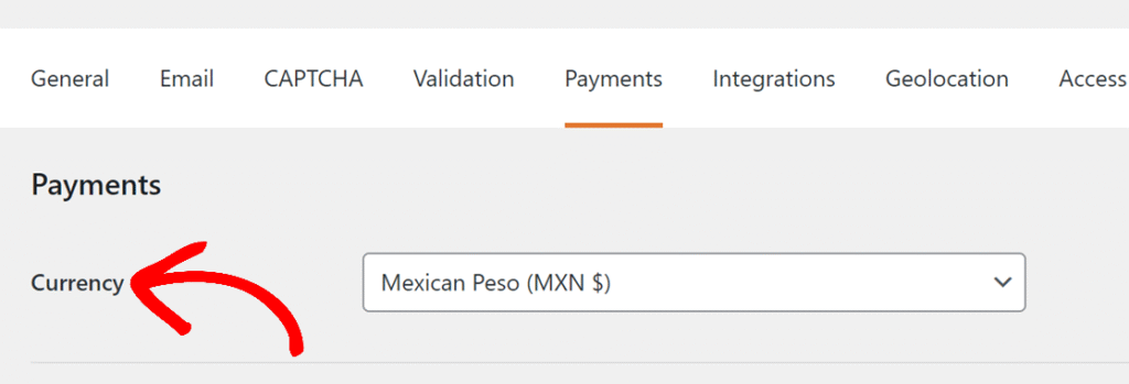 Impostazioni di pagamento: etichetta Valuta con un menu a discesa che mostra Peso Messicano (MXN $)