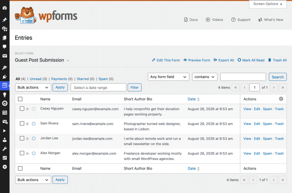 WPForms管理:「ゲスト投稿送信」のエントリリスト。名前、メール、自己紹介、日付、アクション(表示/編集/スパム/ゴミ箱)が含まれています。