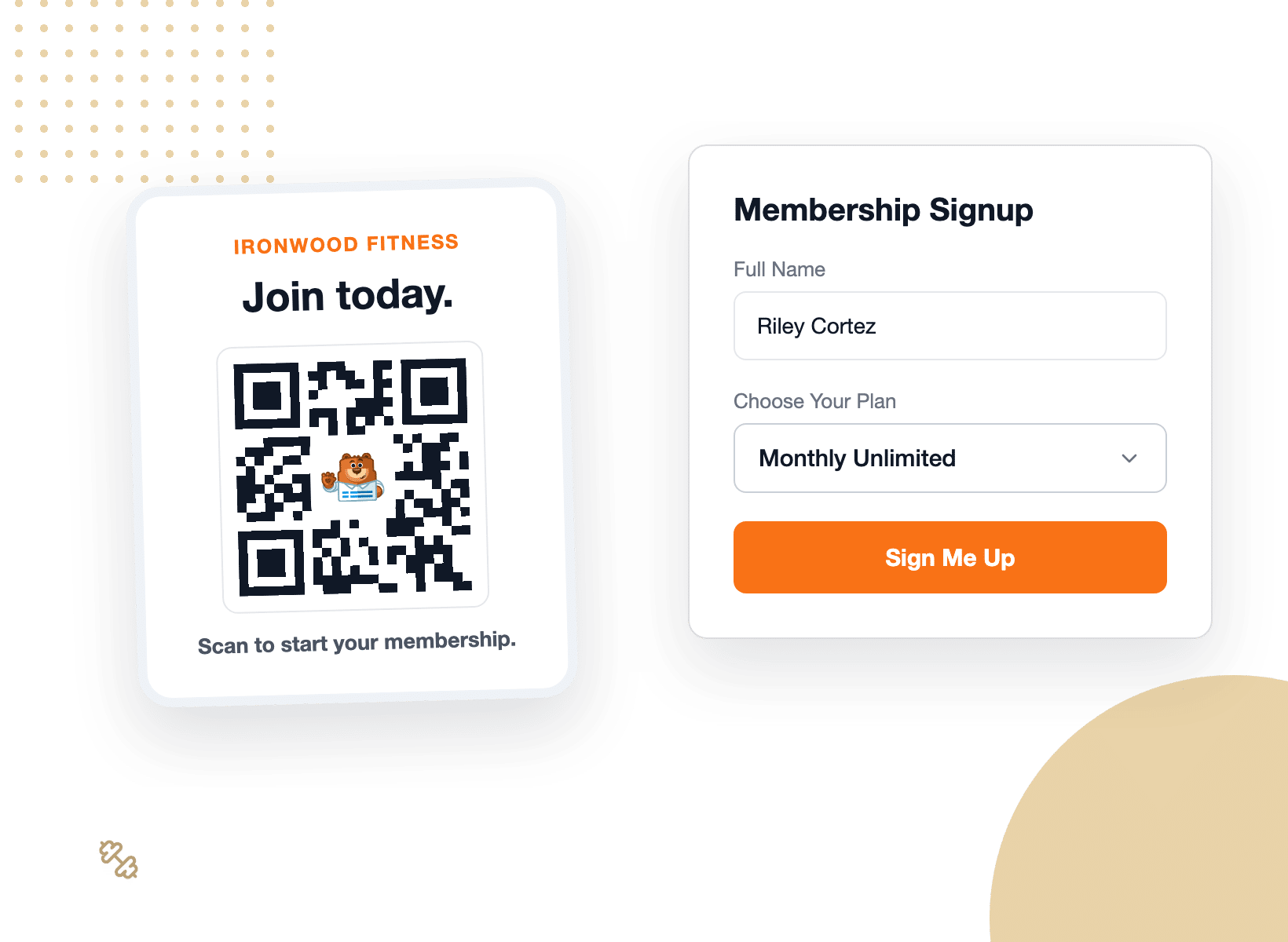 Gym front desk QR code sticker linking to a membership signup form
