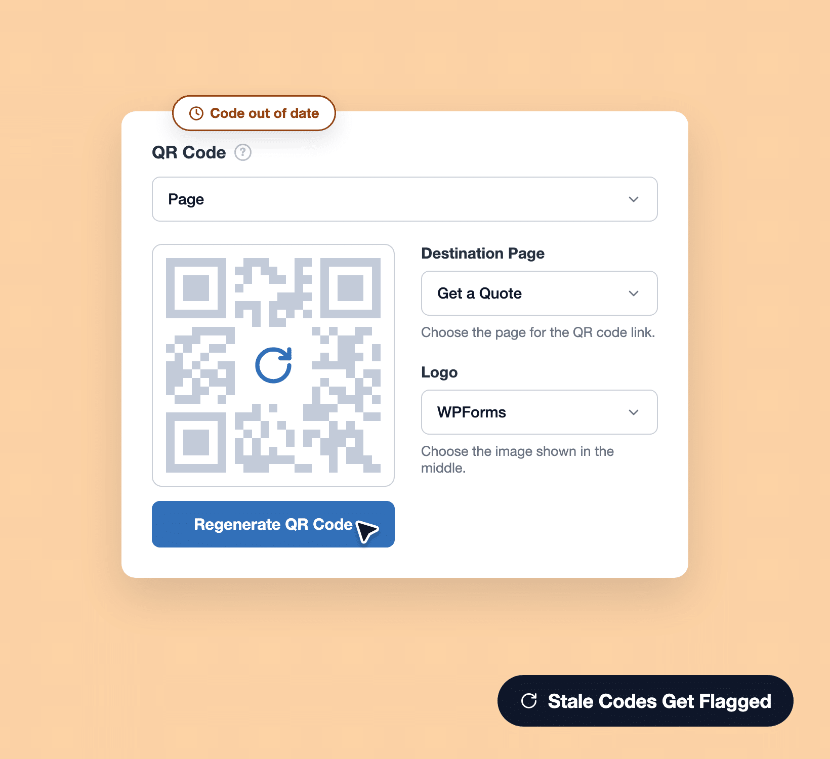 Stale QR code flagged with a Regenerate QR Code button after a destination change