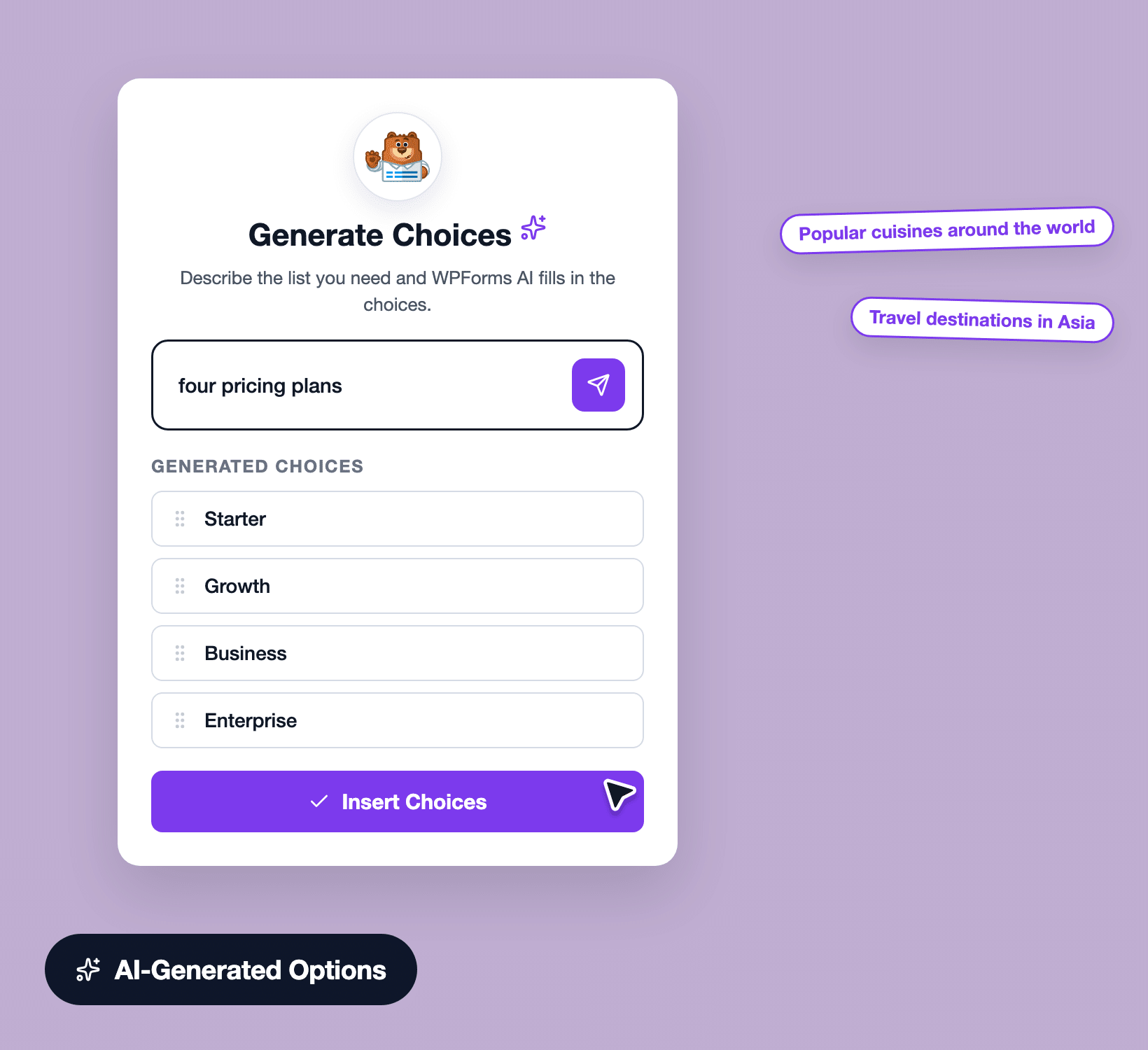 WPForms AI Gerar Opções preenchendo uma pergunta de classificação com opções