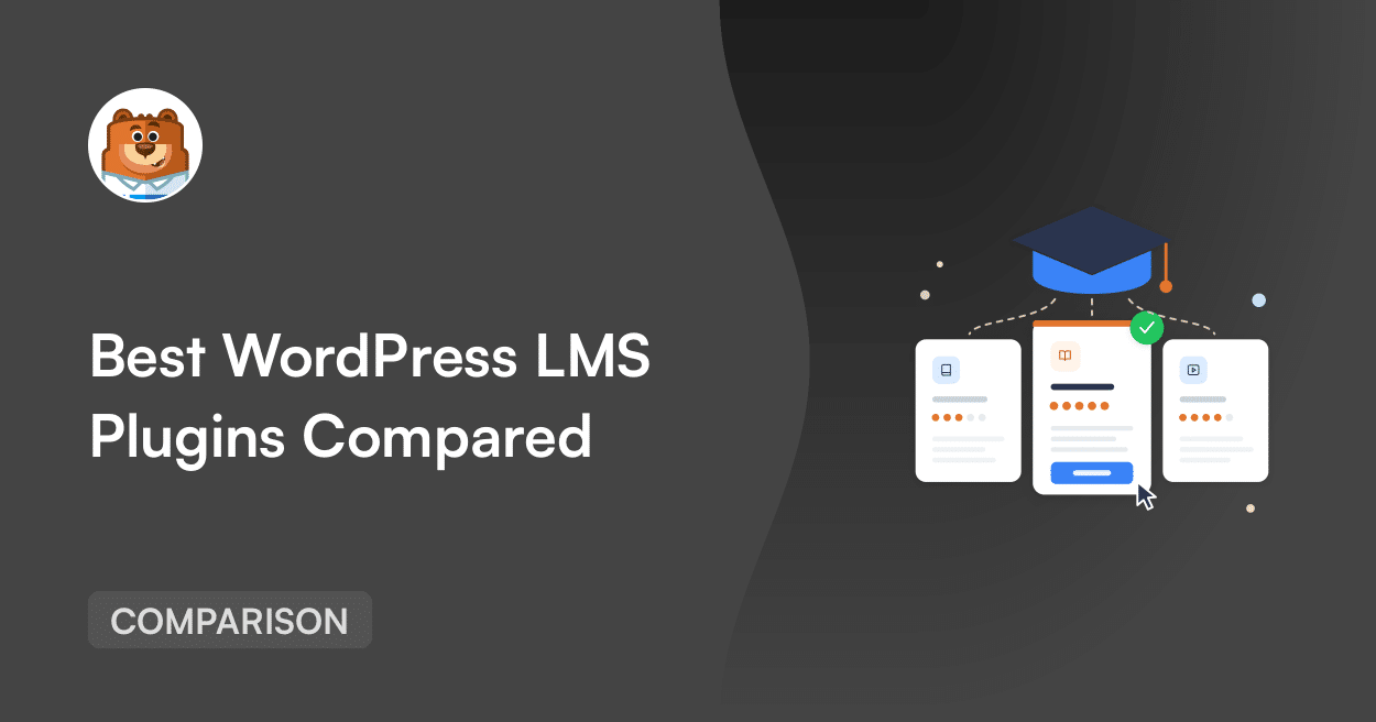 Hero image for an article: 'Best WordPress LMS Plugins Compared' with a bear avatar and a 'COMPARISON' badge on the left, and three floating cards with a graduation cap on the right.