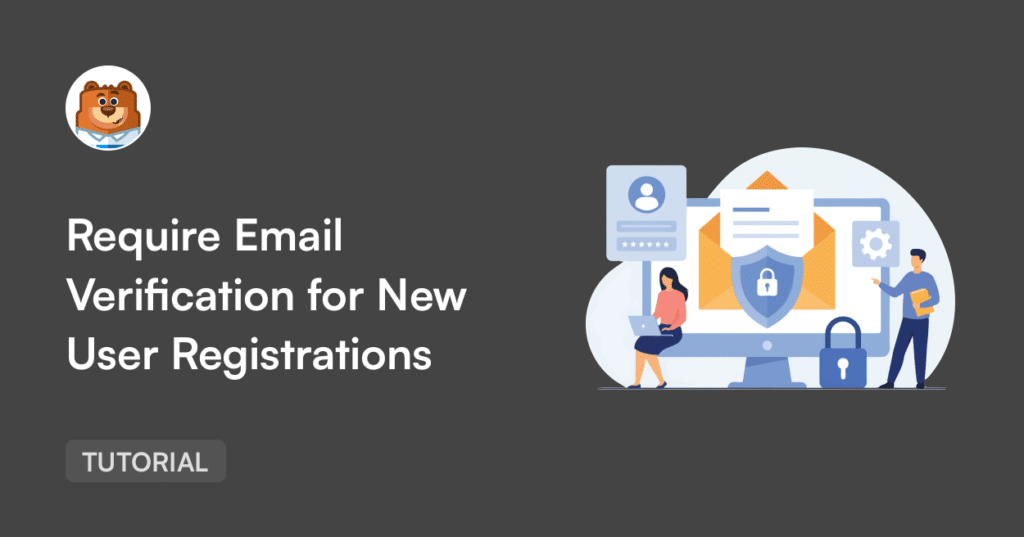 Tutorial hero: 'Require Email Verification for New User Registrations' on a dark banner with a security-themed illustration on the right.
