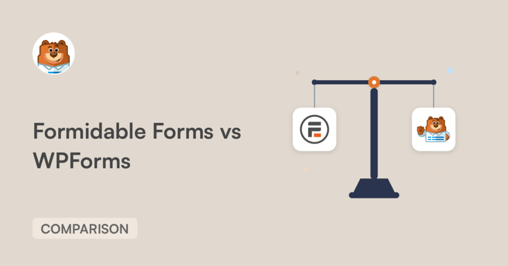 Hero image for a comparison article: Formidable Forms vs WPForms with a balance scale and logo icons on beige background.