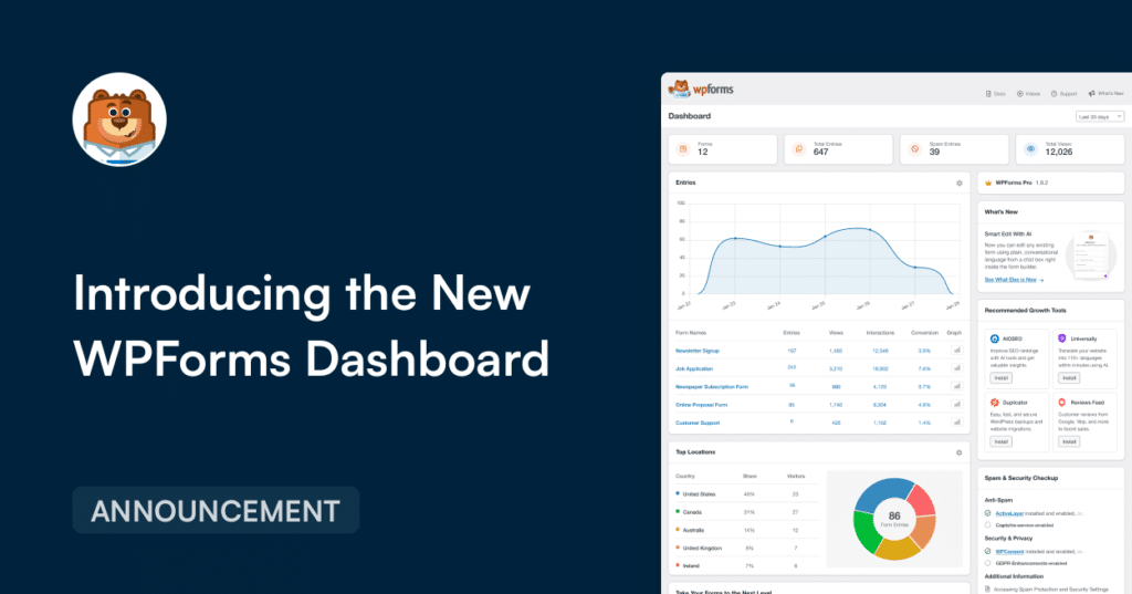 Dark blue hero with a circular bear logo on the left, large headline 'Introducing the New WPForms Dashboard' and an ANNOUNCEMENT badge; a dashboard mockup is visible on the right.