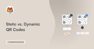 Hero slide: 'Static vs. Dynamic QR Codes' title with a bear avatar and two QR code diagrams on the right, beige background.